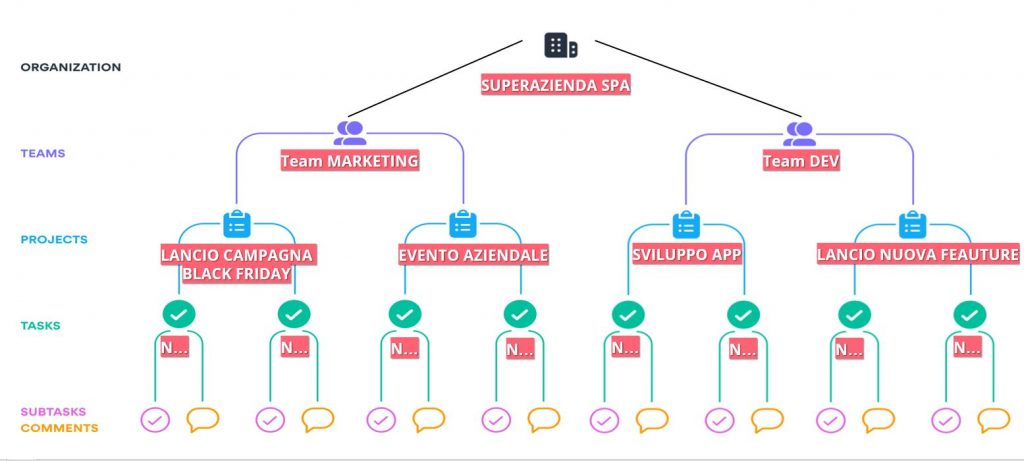 La struttura di Asana e di una organizzazione tipo