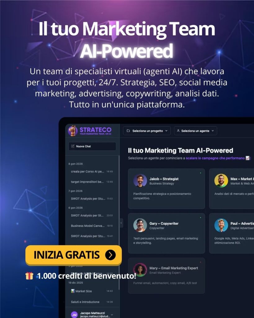 StrateCo - Il tuo Marketing Team AI-Powered Un team di specialisti virtuali (agenti AI) che lavora per i tuoi progetti, 247. Strategia, SEO, social media marketing, advertising, copywriting, analisi dati.