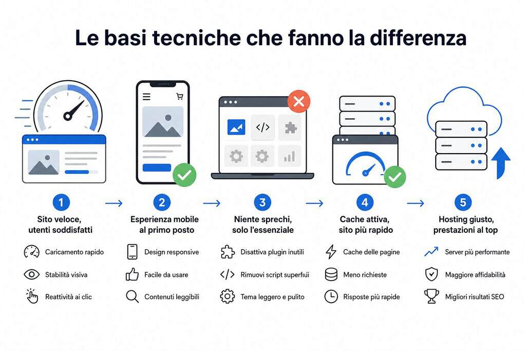 Schema dei fattori tecnici SEO di base come velocita, mobile e sicurezza alla base del posizionamento su Google