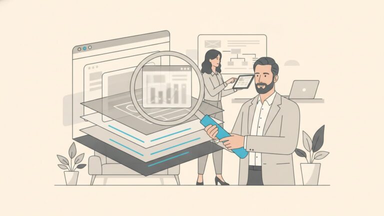Imprenditore che verifica i fattori di ranking Google e i controlli SEO prioritari del proprio sito web